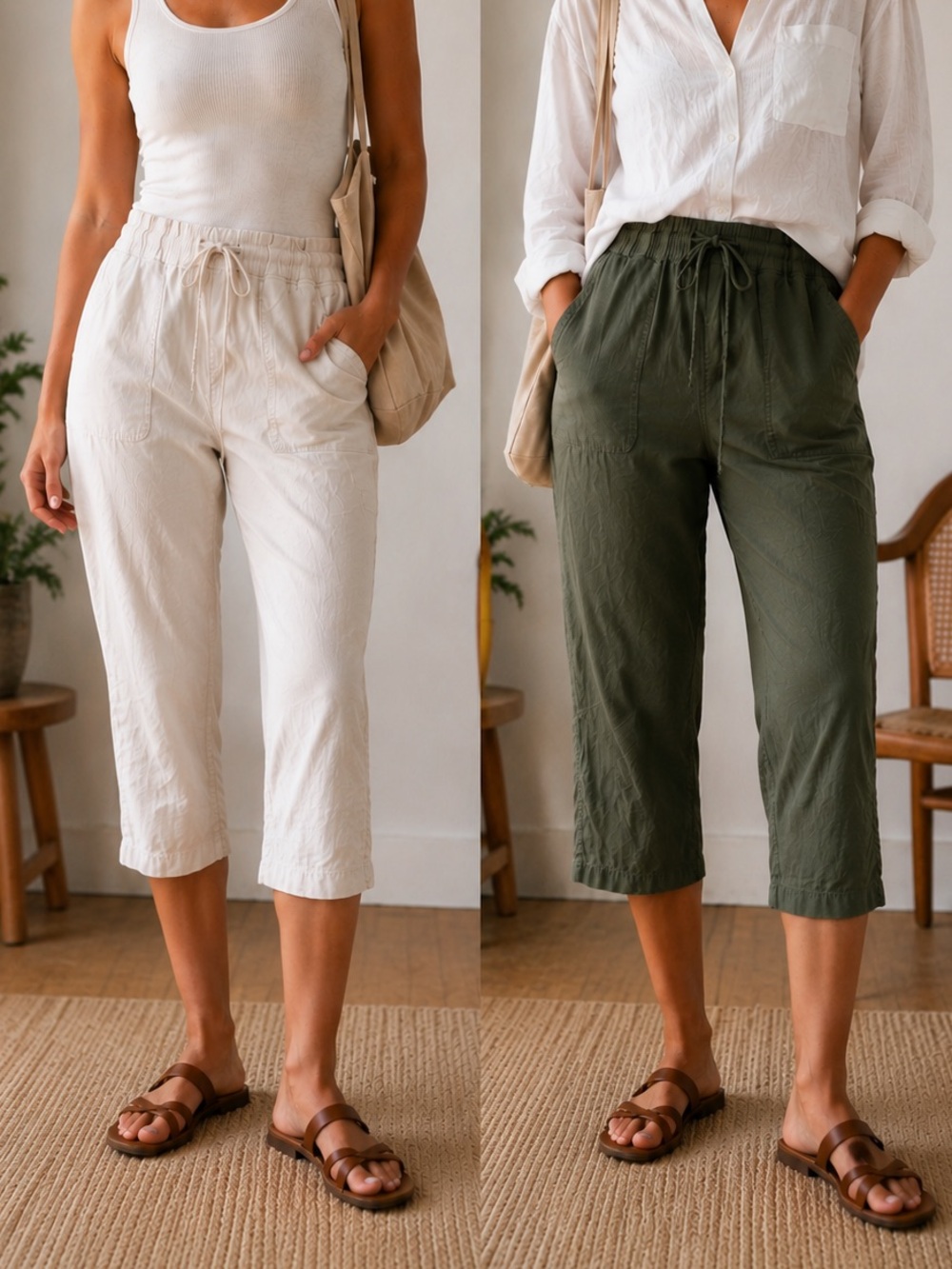 Women’s Relaxed Drawstring Cropped Pants - White & Olive
